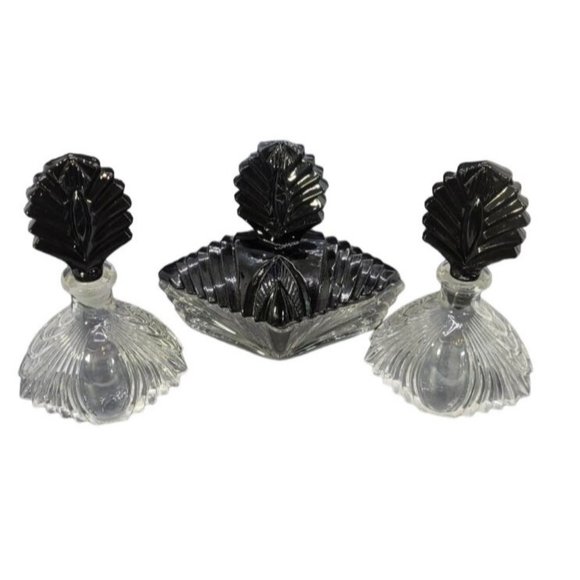 Stunning Vintage Vanity Set Martinsville 1920s Black/Clear Glass Vanity Art deco - Picture 1 of 8